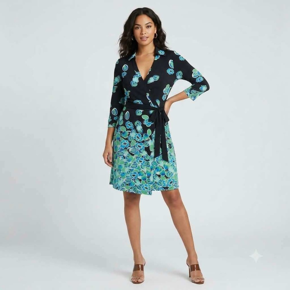 Julie Brown Womens Black Blue Floral Paisley Wrap Dress 3/4 Sleeve Size S